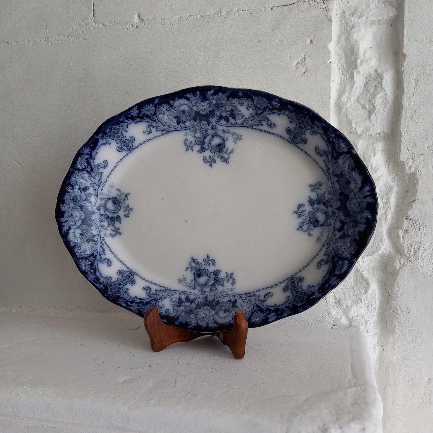 Antique ironstone oval serving plate with blue floral pattern, antique serving platter