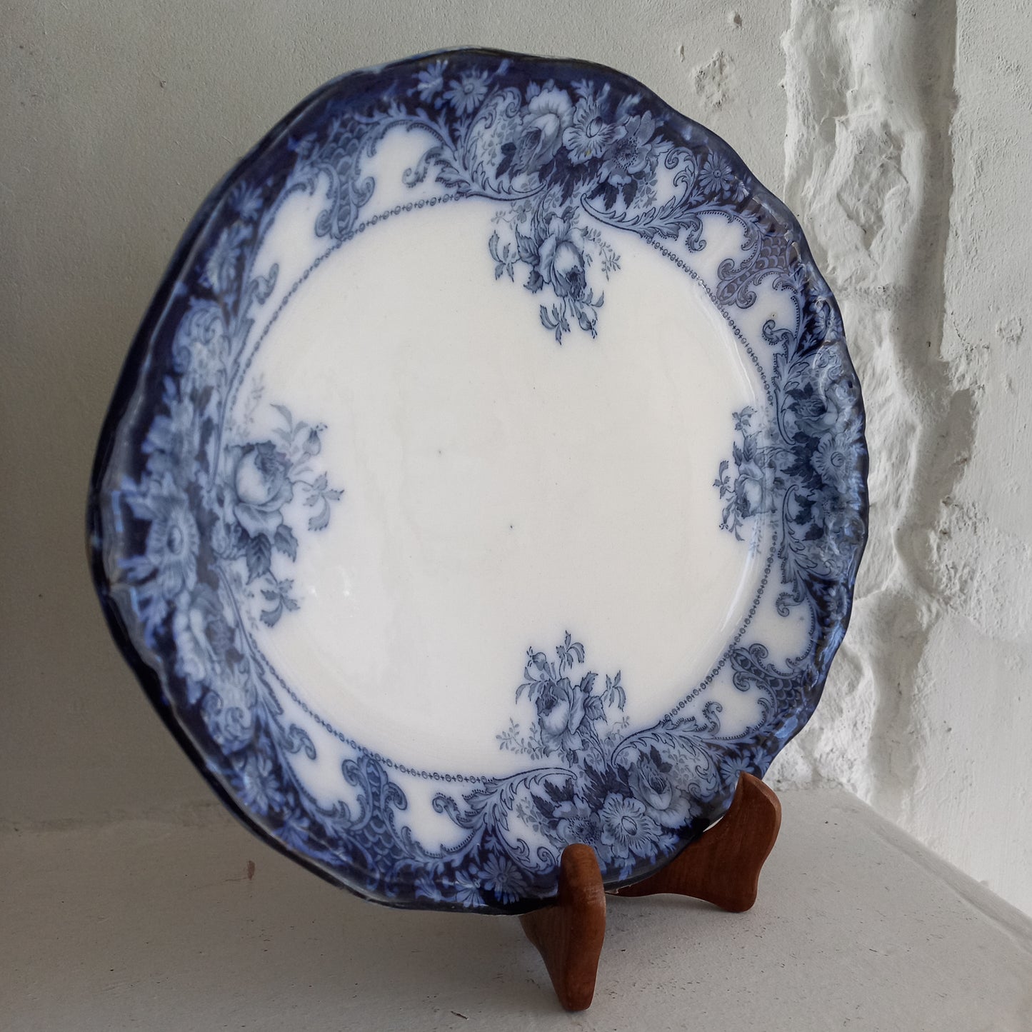 Antique ironstone oval serving plate with blue floral pattern, antique serving platter