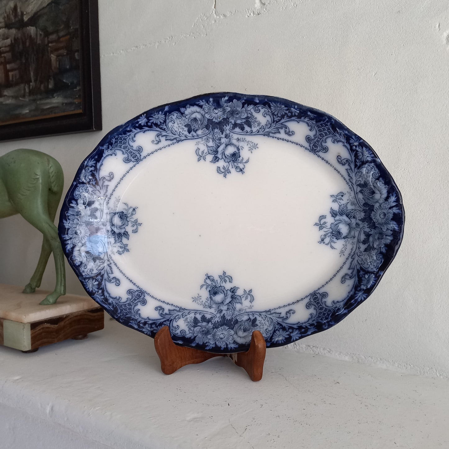 Antique ironstone oval serving plate with blue floral pattern, antique serving platter