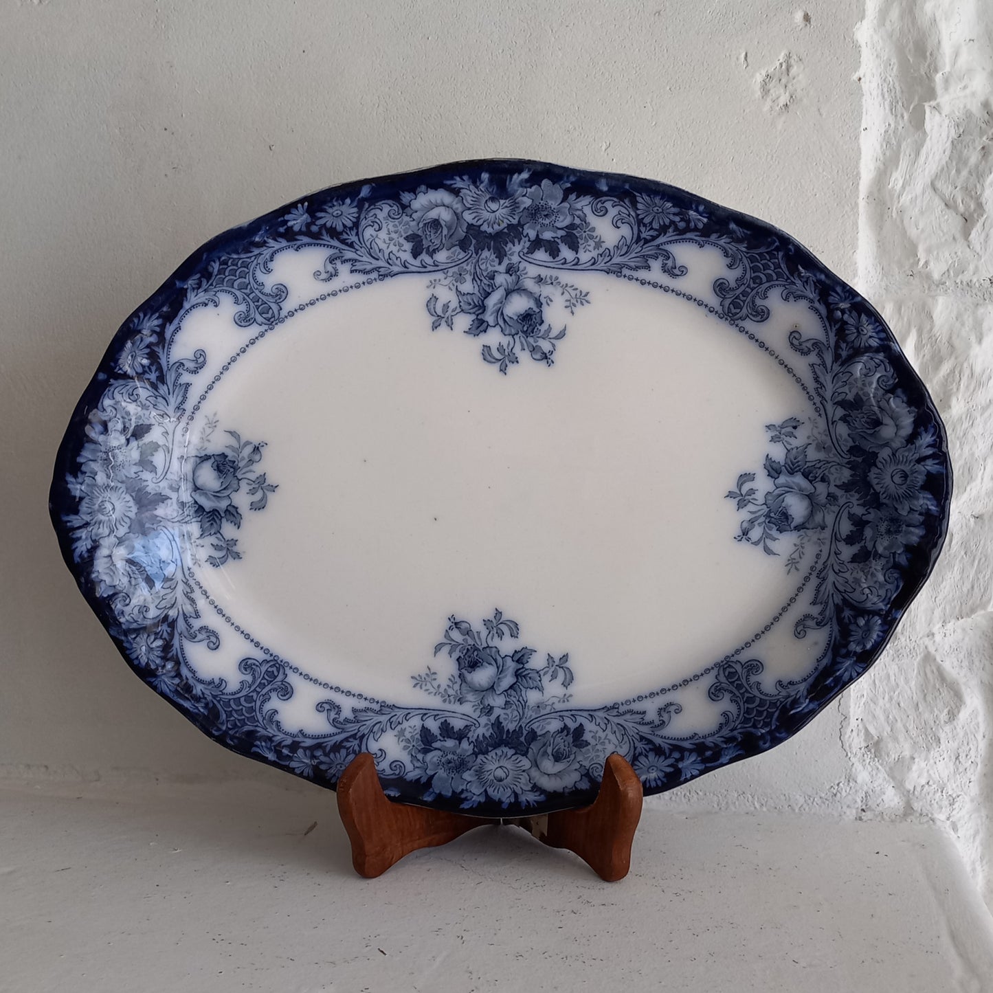 Antique ironstone oval serving plate with blue floral pattern, antique serving platter