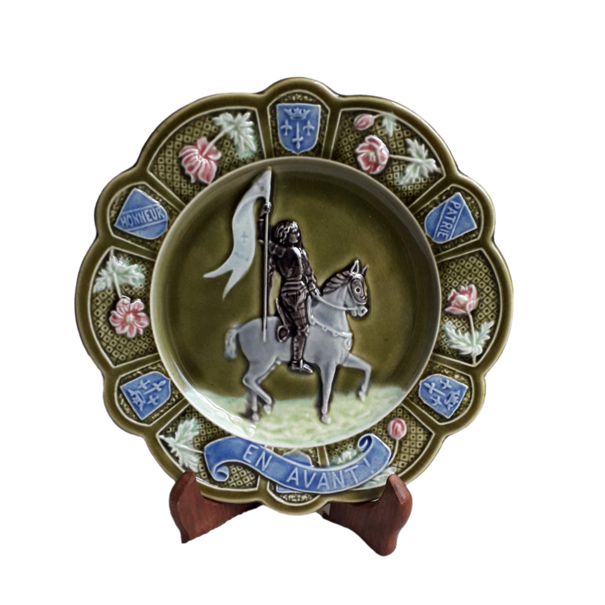 Small French Antique Majolica Joan Of Arc Wall Plate