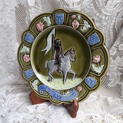 Small French antique majolica Joan of Arc wall plate, green Jeanne D'Arc wall plate