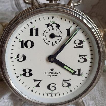 Small mechanical alarm clock with a chrome metal case by German company Junghans, office desk decor,