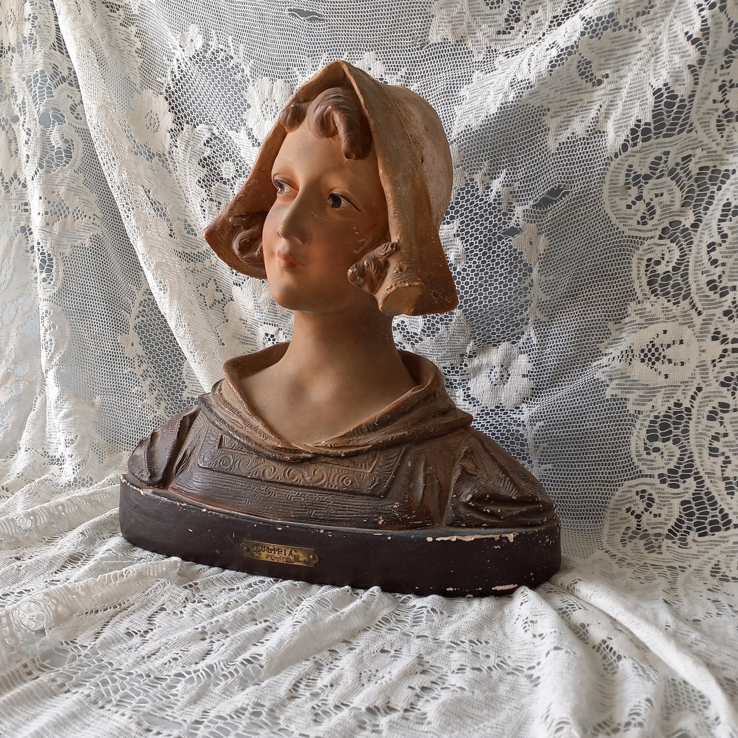 Art Nouveau female bust figurine from France, large antique female figurine, girl's head statue