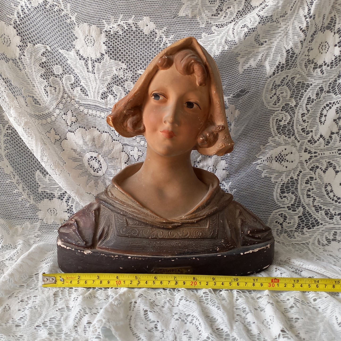 Art Nouveau female bust figurine from France, large antique female figurine, girl's head statue