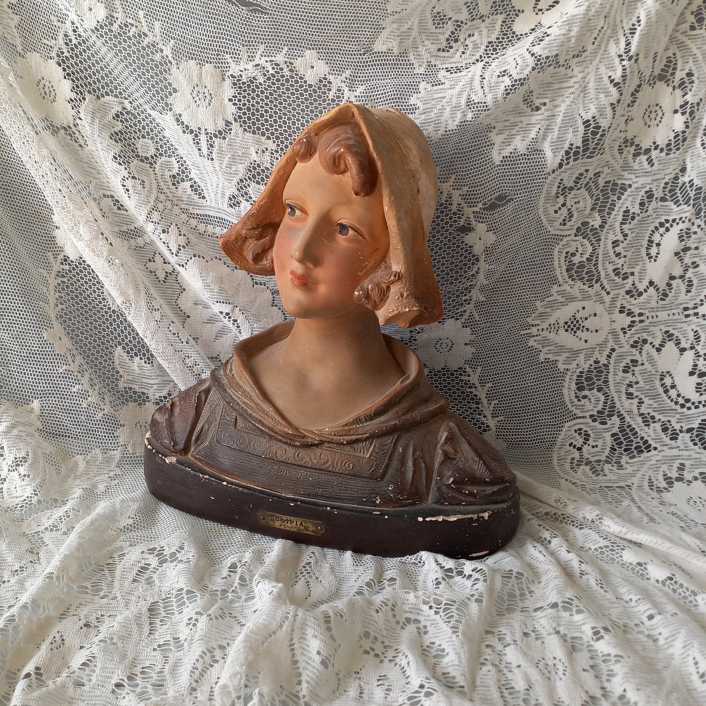 Art Nouveau female bust figurine from France, large antique female figurine, girl's head statue