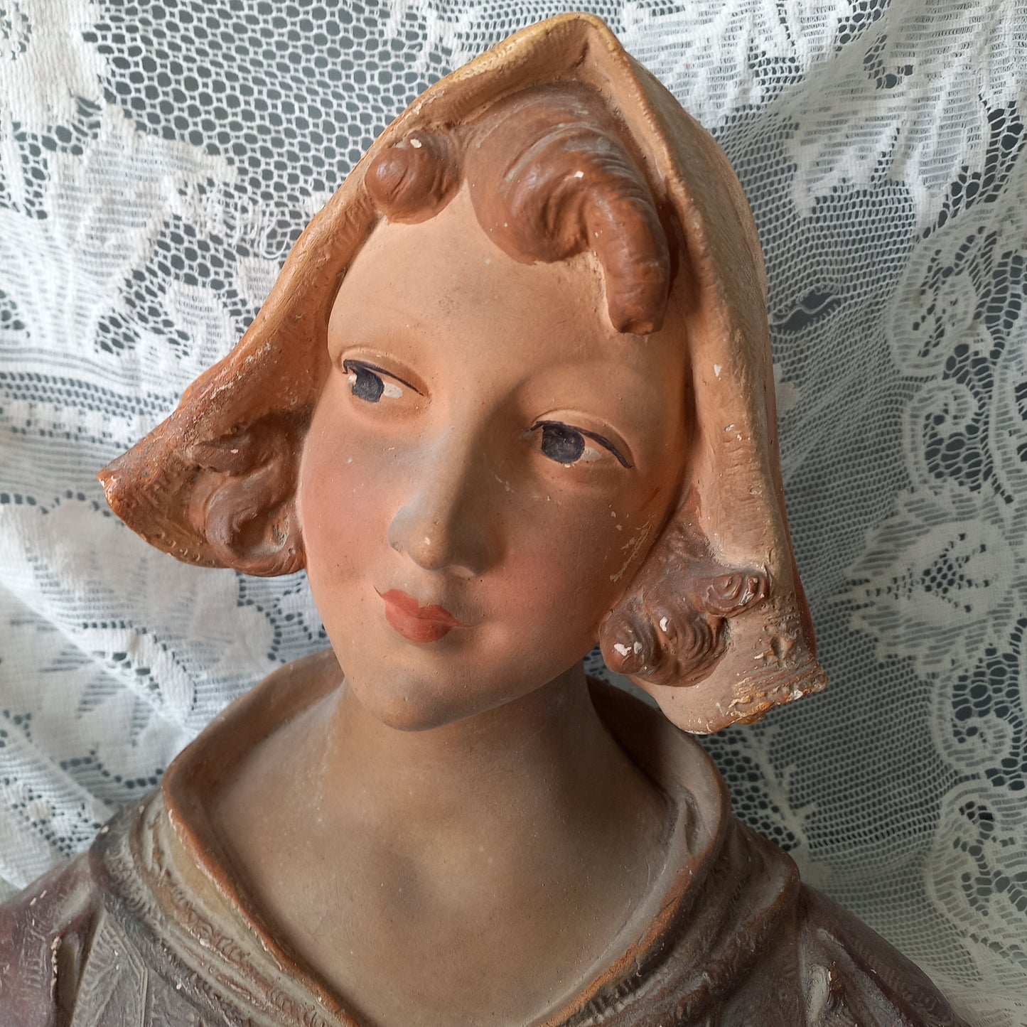 Art Nouveau female bust figurine from France, large antique female figurine, girl's head statue