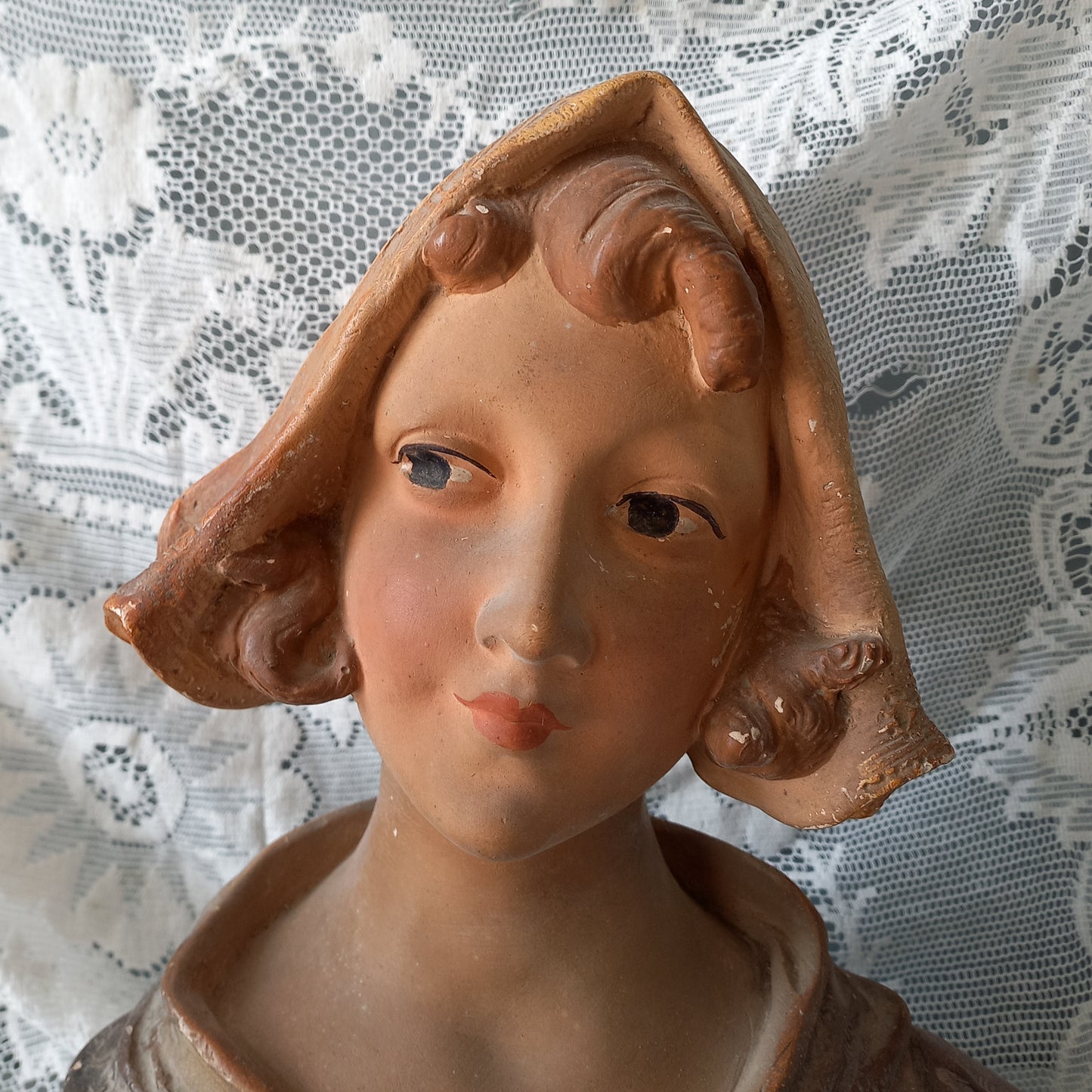 Art Nouveau female bust figurine from France, large antique female figurine, girl's head statue