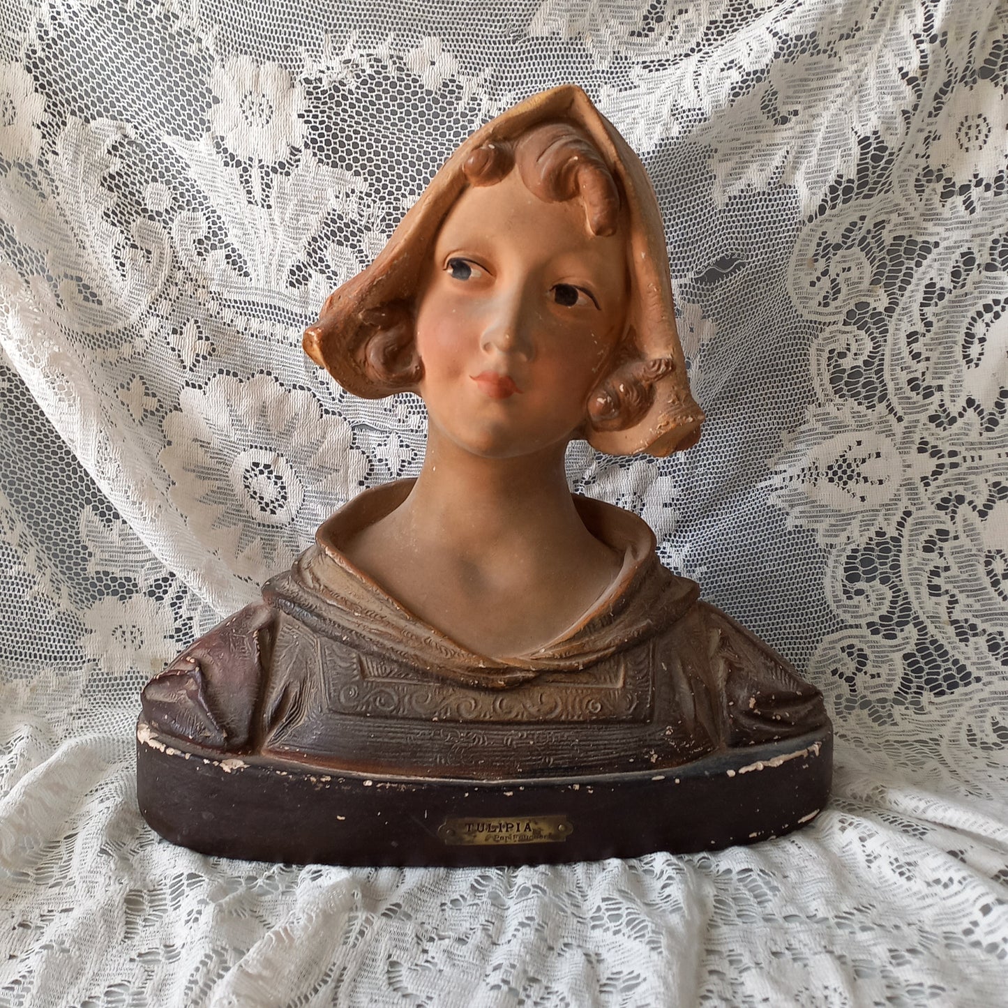 Art Nouveau female bust figurine from France, large antique female figurine, girl's head statue