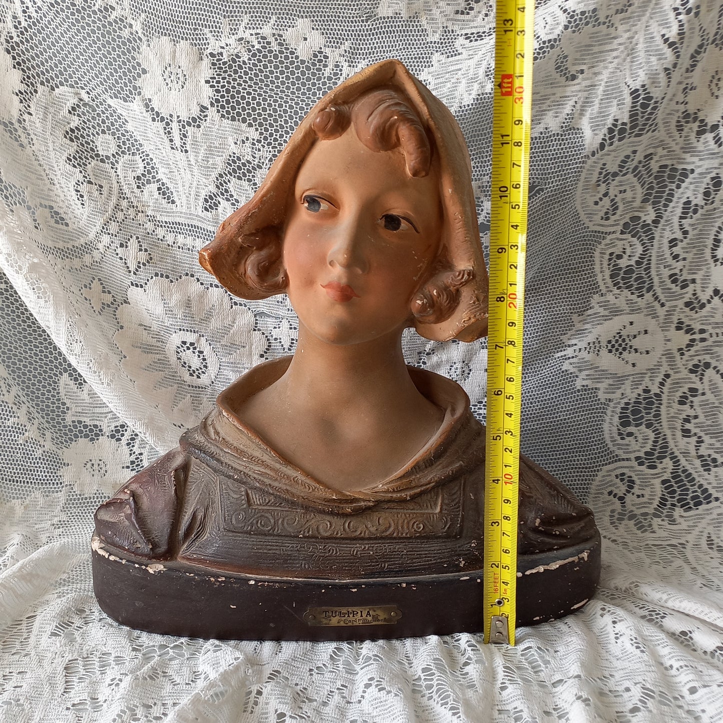 Art Nouveau female bust figurine from France, large antique female figurine, girl's head statue