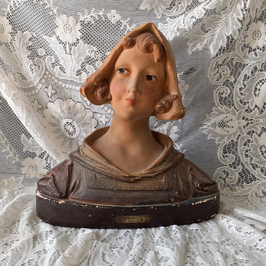 Art Nouveau female bust figurine from France, large antique female figurine, girl's head statue