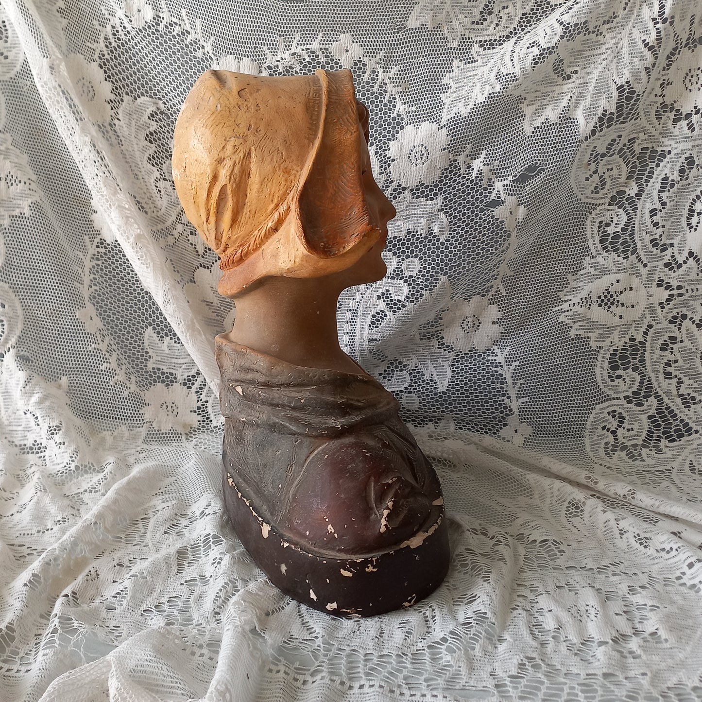 Art Nouveau female bust figurine from France, large antique female figurine, girl's head statue