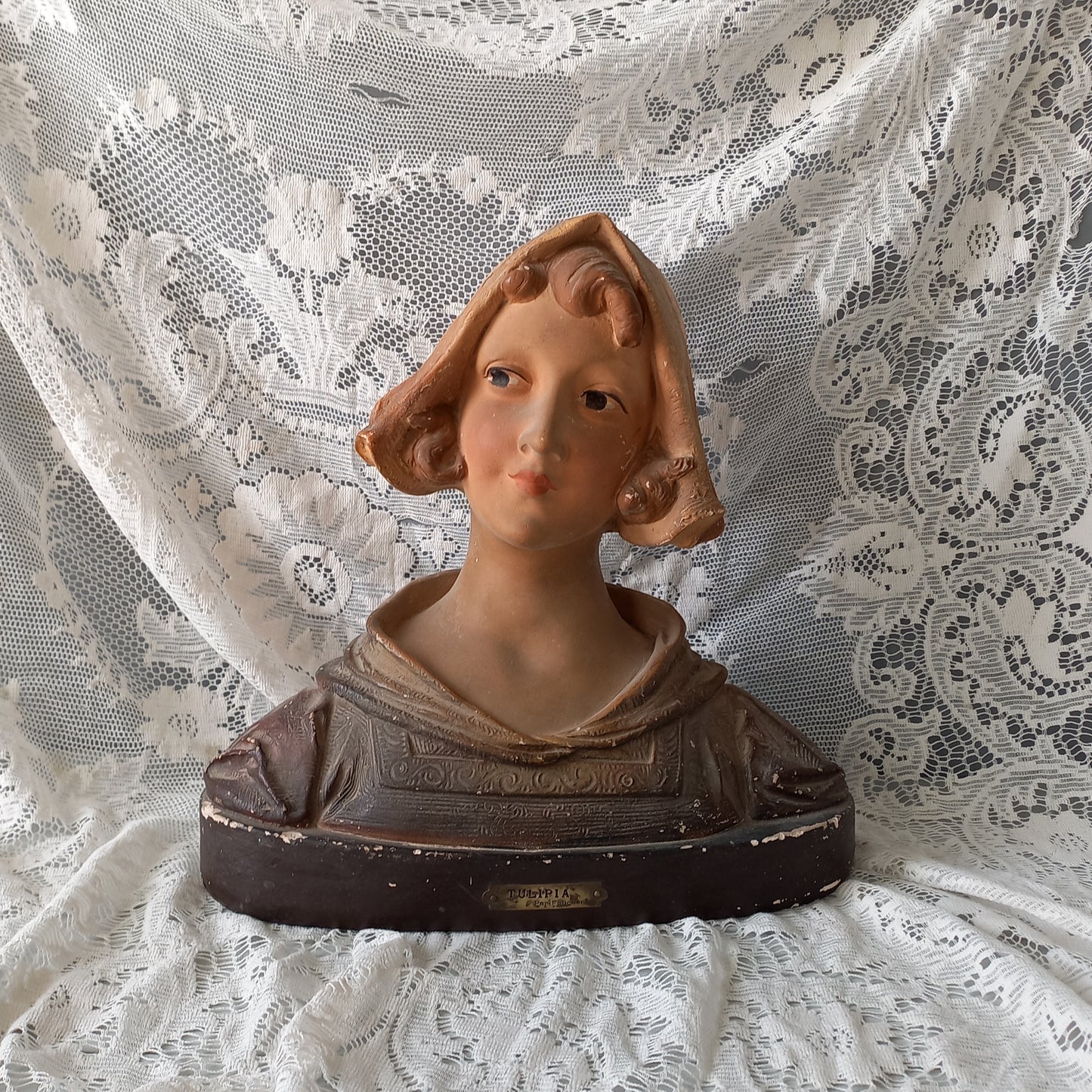 Art Nouveau female bust figurine from France, large antique female figurine, girl's head statue