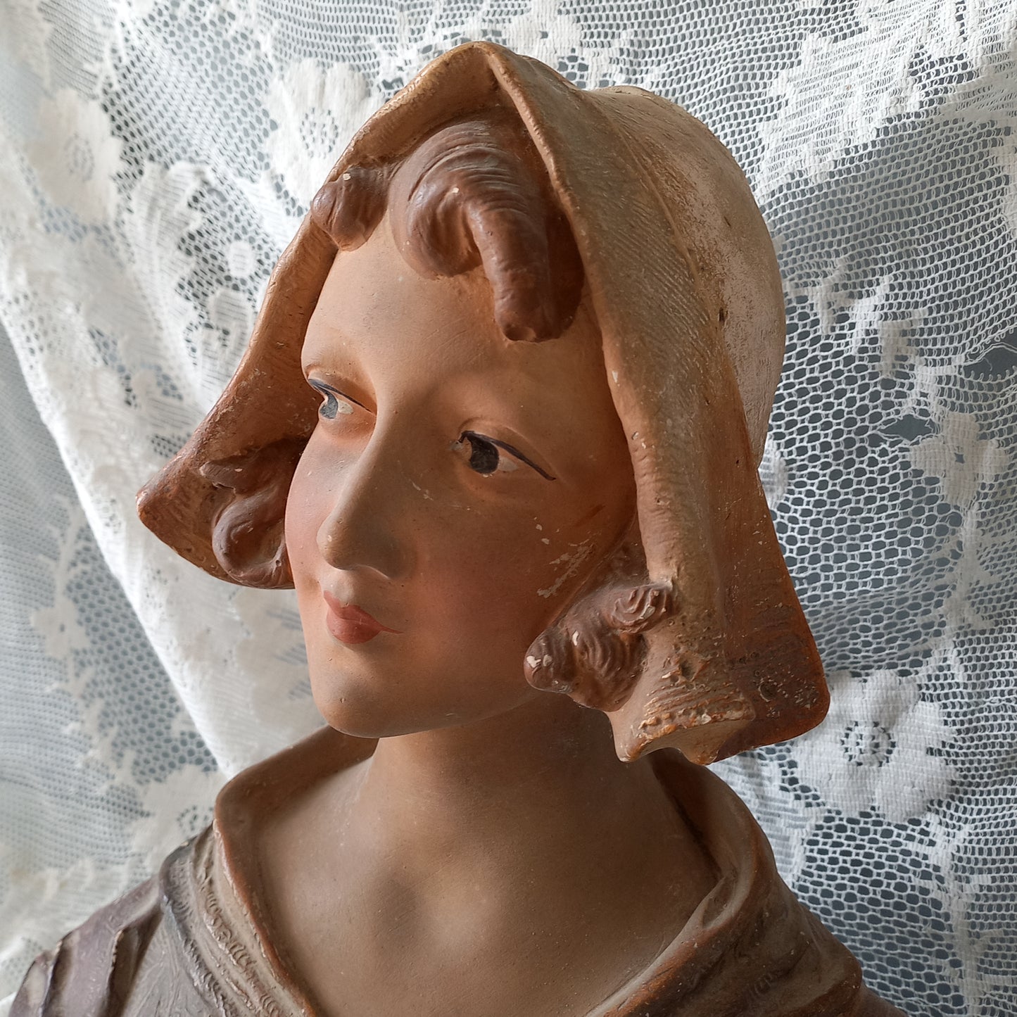 Art Nouveau female bust figurine from France, large antique female figurine, girl's head statue