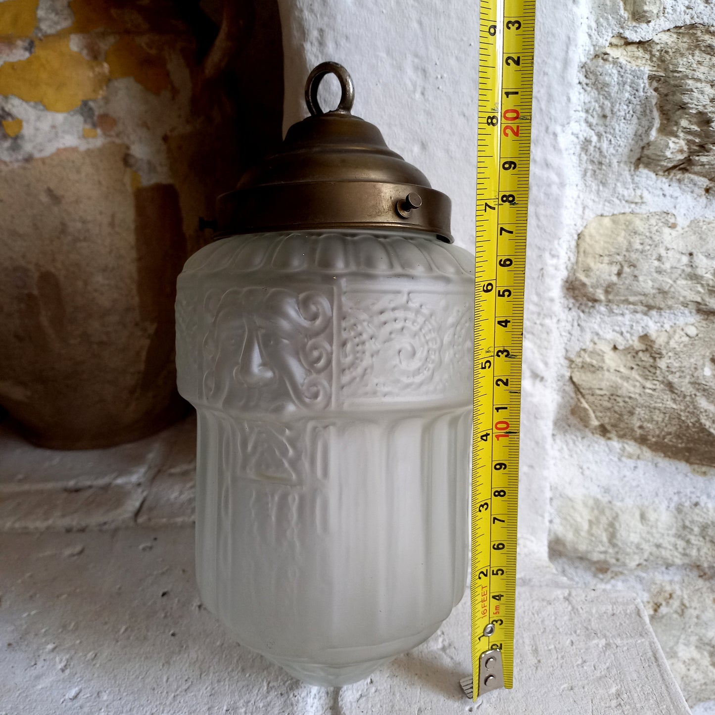 Small art deco decorative hanging lamp with decorative frosted glass lampshade from France