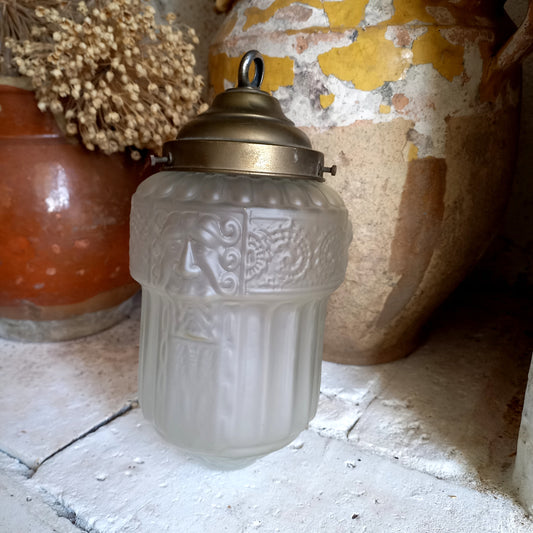 Small art deco decorative hanging lamp with decorative frosted glass lampshade from France