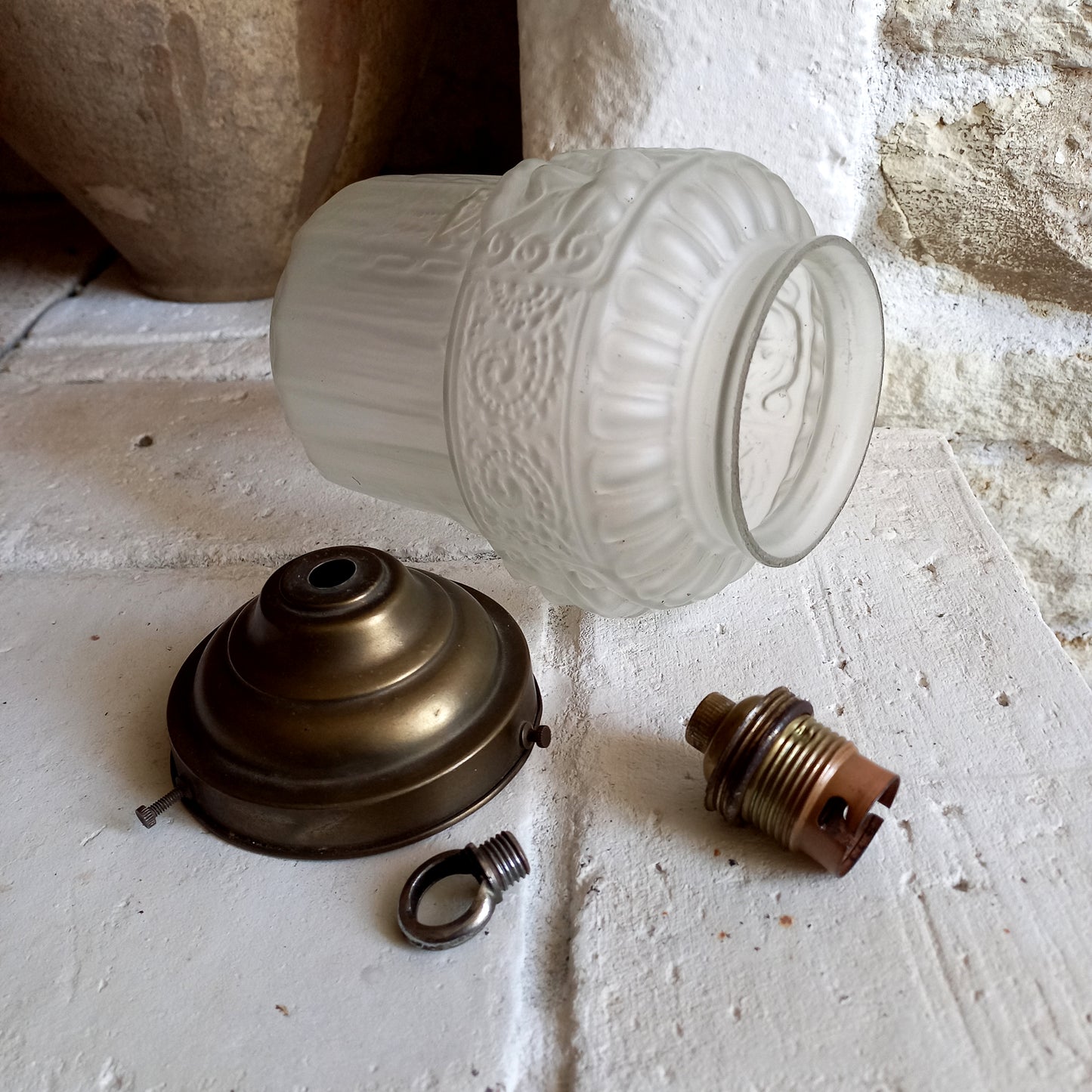 Small art deco decorative hanging lamp with decorative frosted glass lampshade from France