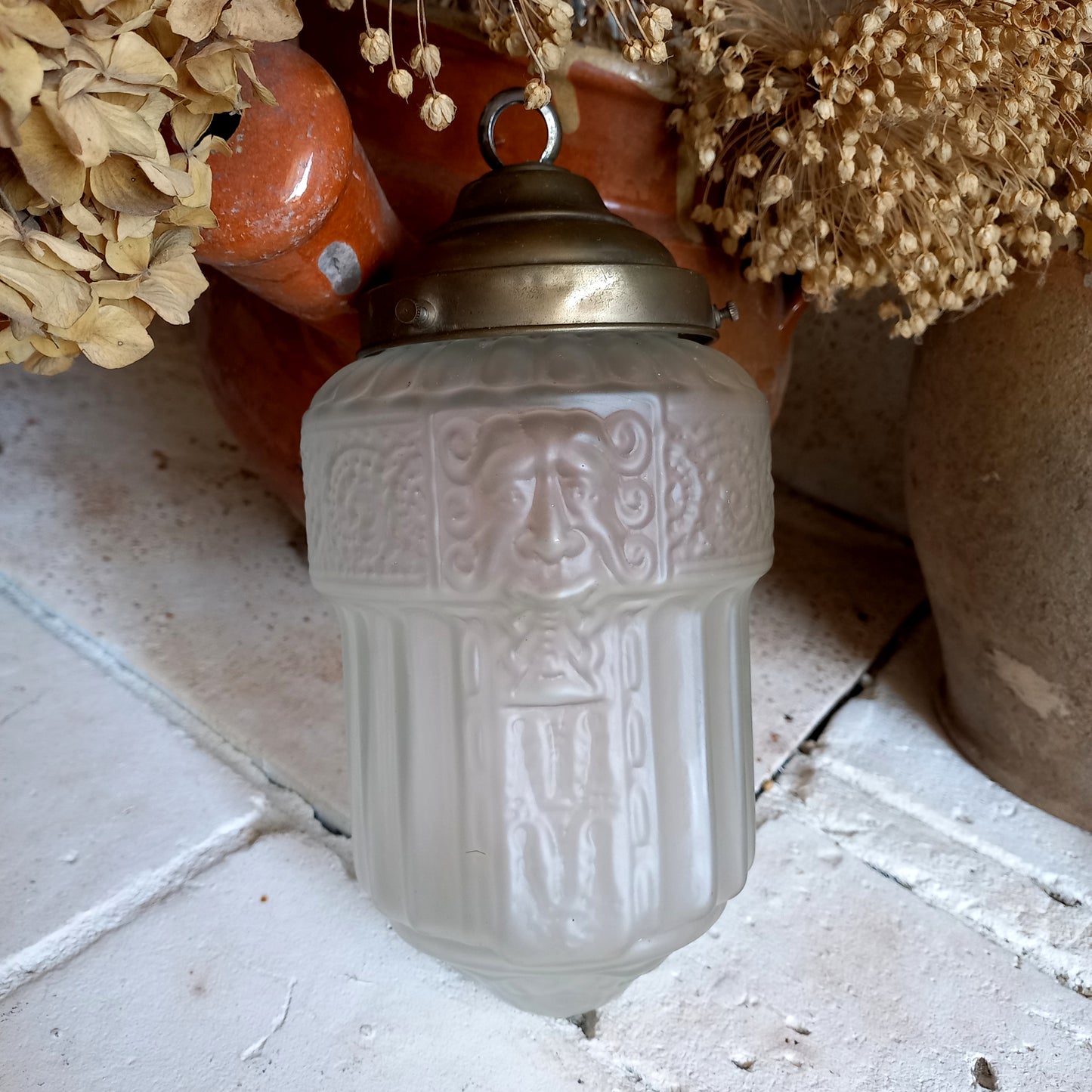 Small art deco decorative hanging lamp with decorative frosted glass lampshade from France