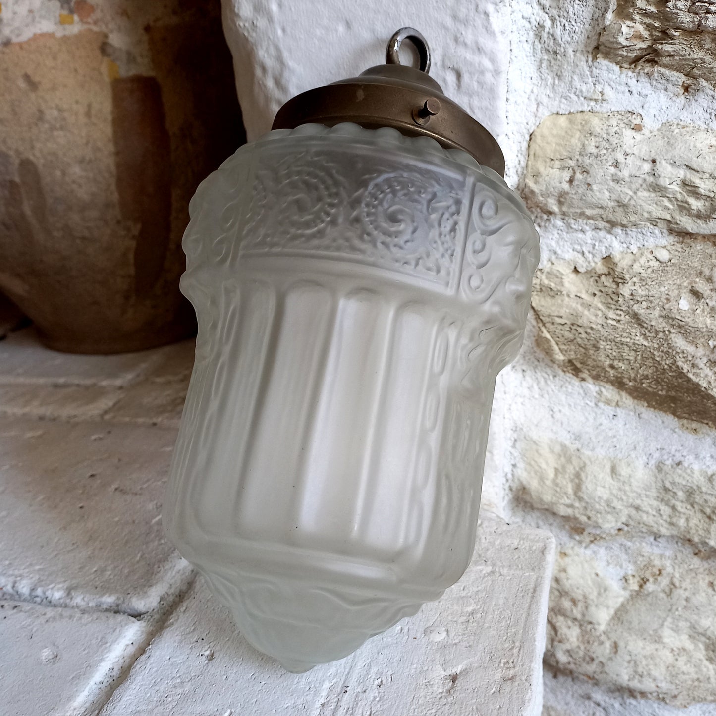 Small art deco decorative hanging lamp with decorative frosted glass lampshade from France