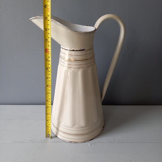 Large antique enamel pitcher in antique cream color with gold trim from France, large enamel jug, country kitchen and farmhouse decor