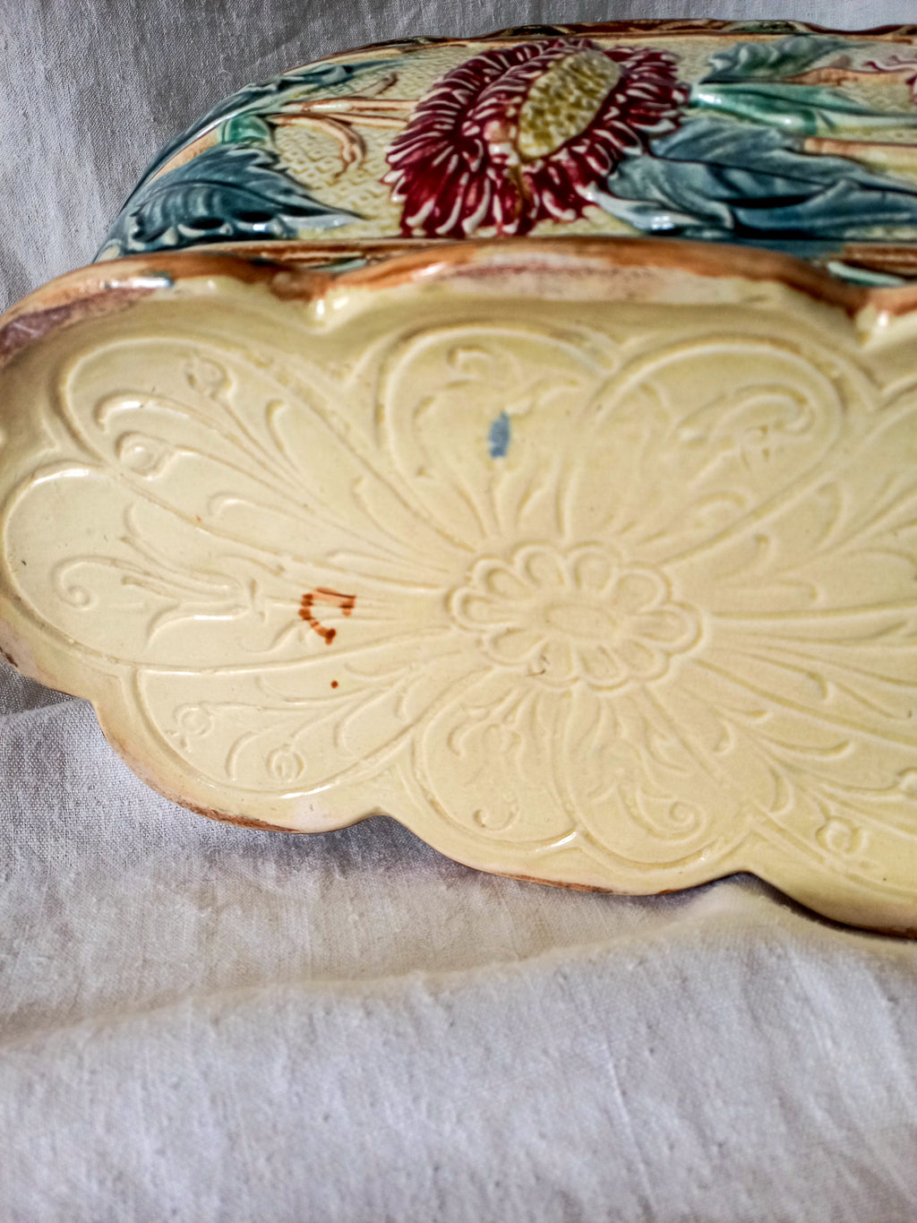 Decorative underside of a Large Antique Majolica Planter
