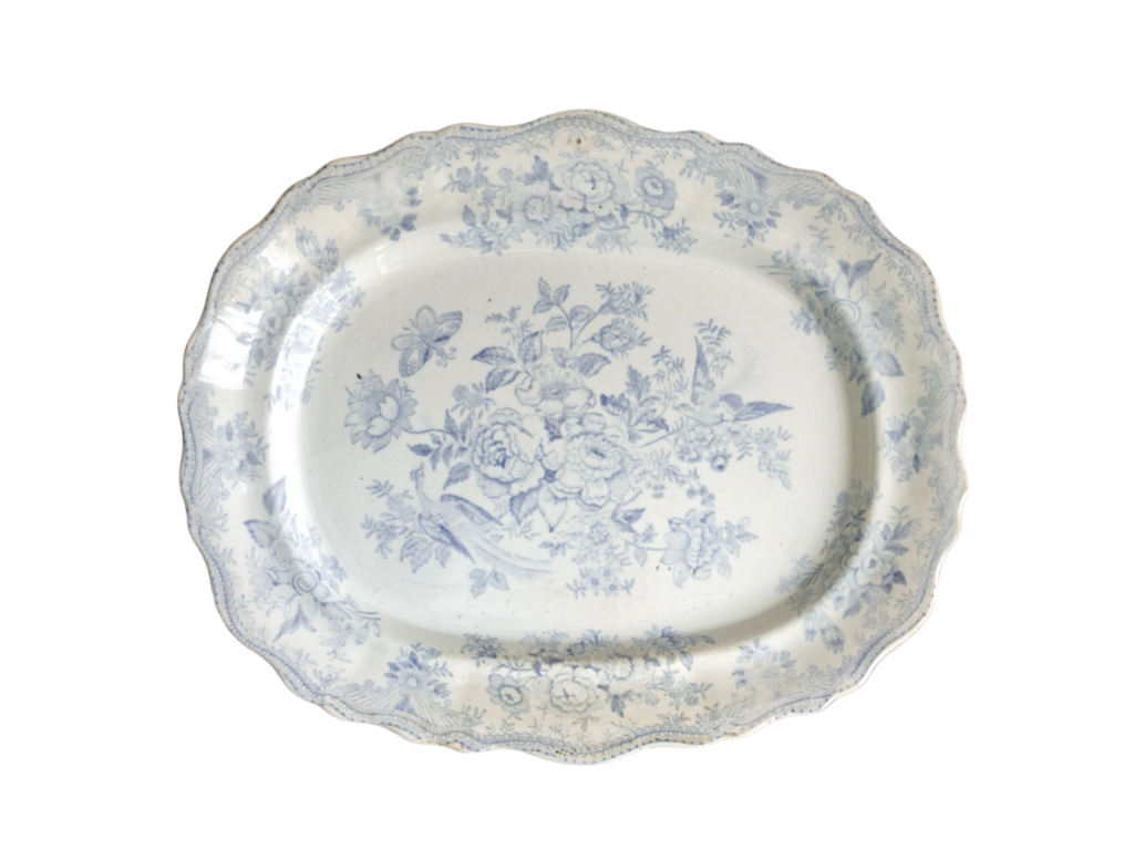 Elegant antique white ironstone platter with pale blue Asiatic Pheasants floral design. A large antique plate perfect for farmhouse kitchens, cottage decor, or blue and white china collections.