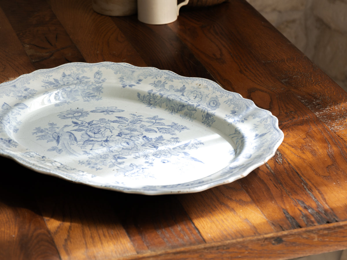 LARGE Antique White Ironstone Oval Plate with Pale Blue Asiatic Pheasants Design