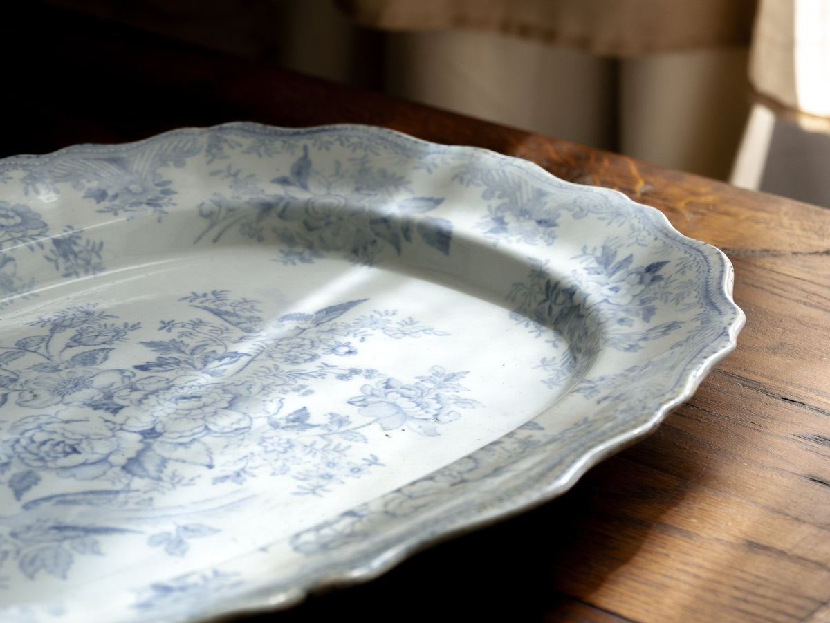 LARGE Antique White Ironstone Oval Plate with Pale Blue Asiatic Pheasants Design