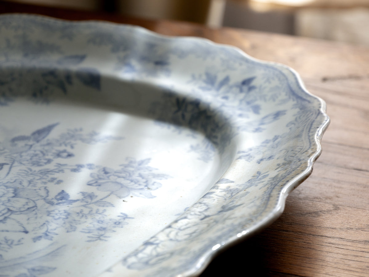 LARGE Antique White Ironstone Oval Plate with Pale Blue Asiatic Pheasants Design