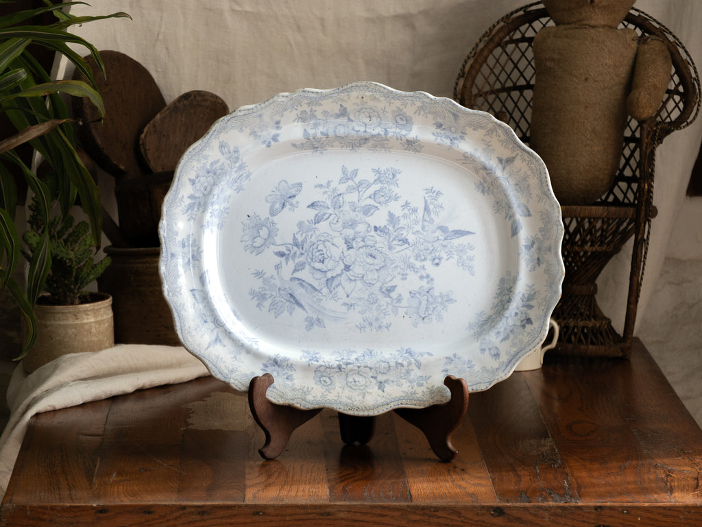 Elegant antique white ironstone platter with pale blue Asiatic Pheasants floral design. A large antique plate perfect for farmhouse kitchens, cottage decor, or blue and white china collections.