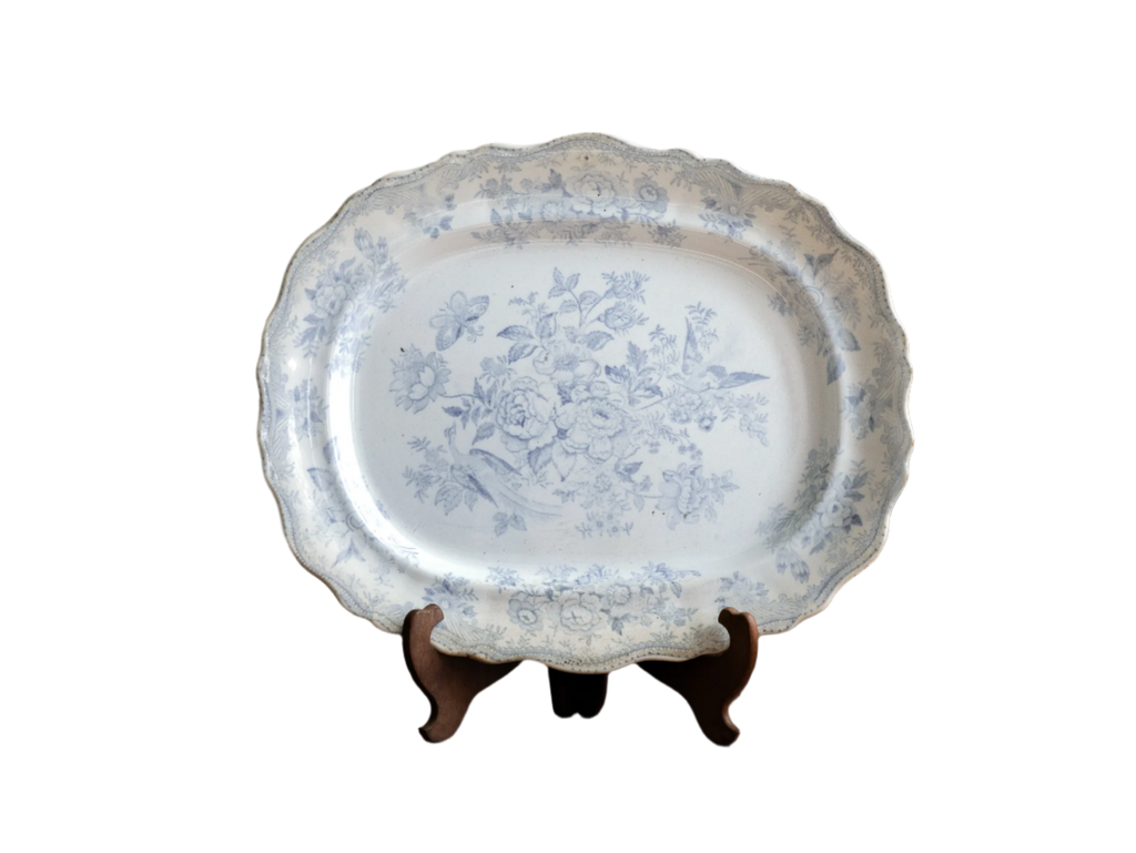 Elegant antique white ironstone platter with pale blue Asiatic Pheasants floral design. A large antique plate perfect for farmhouse kitchens, cottage decor, or blue and white china collections.