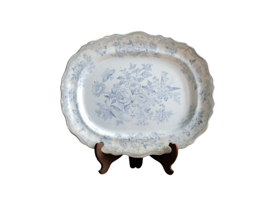Elegant antique white ironstone platter with pale blue Asiatic Pheasants floral design. A large antique plate perfect for farmhouse kitchens, cottage decor, or blue and white china collections.