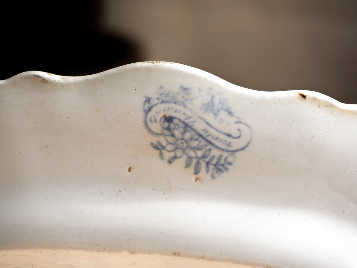 LARGE Antique White Ironstone Oval Plate with Pale Blue Asiatic Pheasants Design