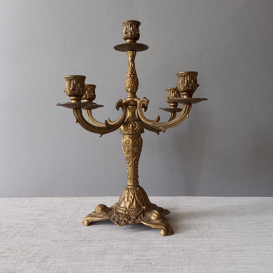 Large brass decorative candle holder for 5 candles, French vintage candle stick holder, candelabra