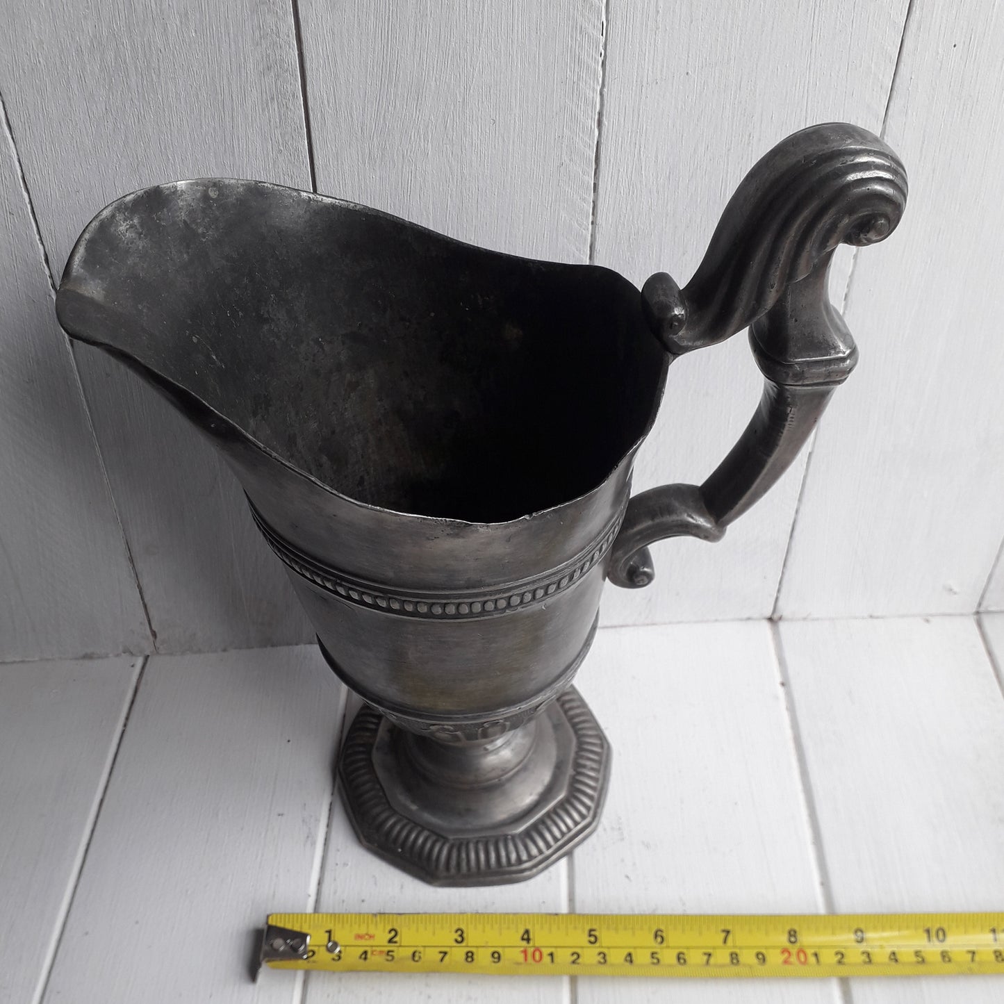 Large vintage or antique decorative pewter jug or pitcher from France