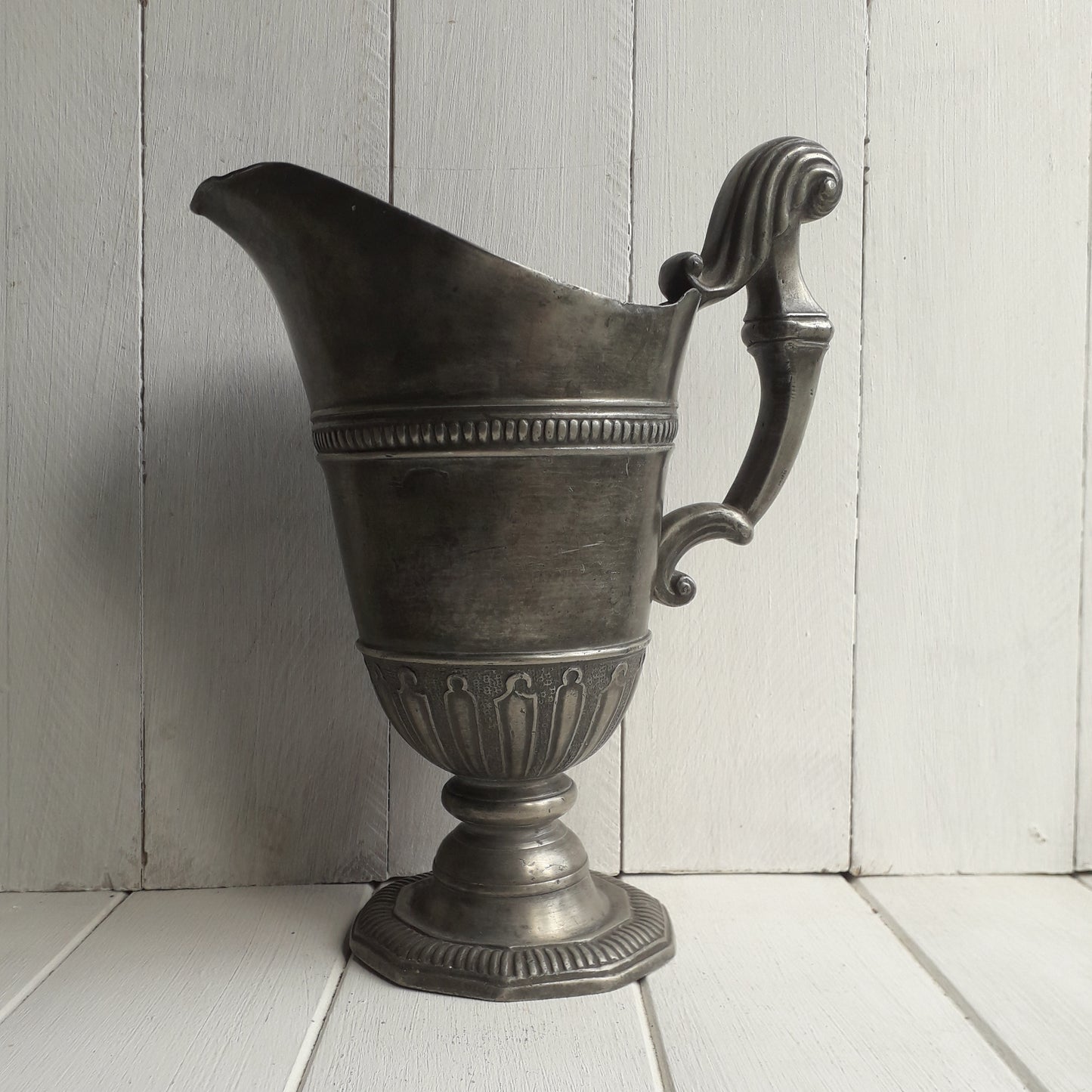 Large vintage or antique decorative pewter jug or pitcher from France