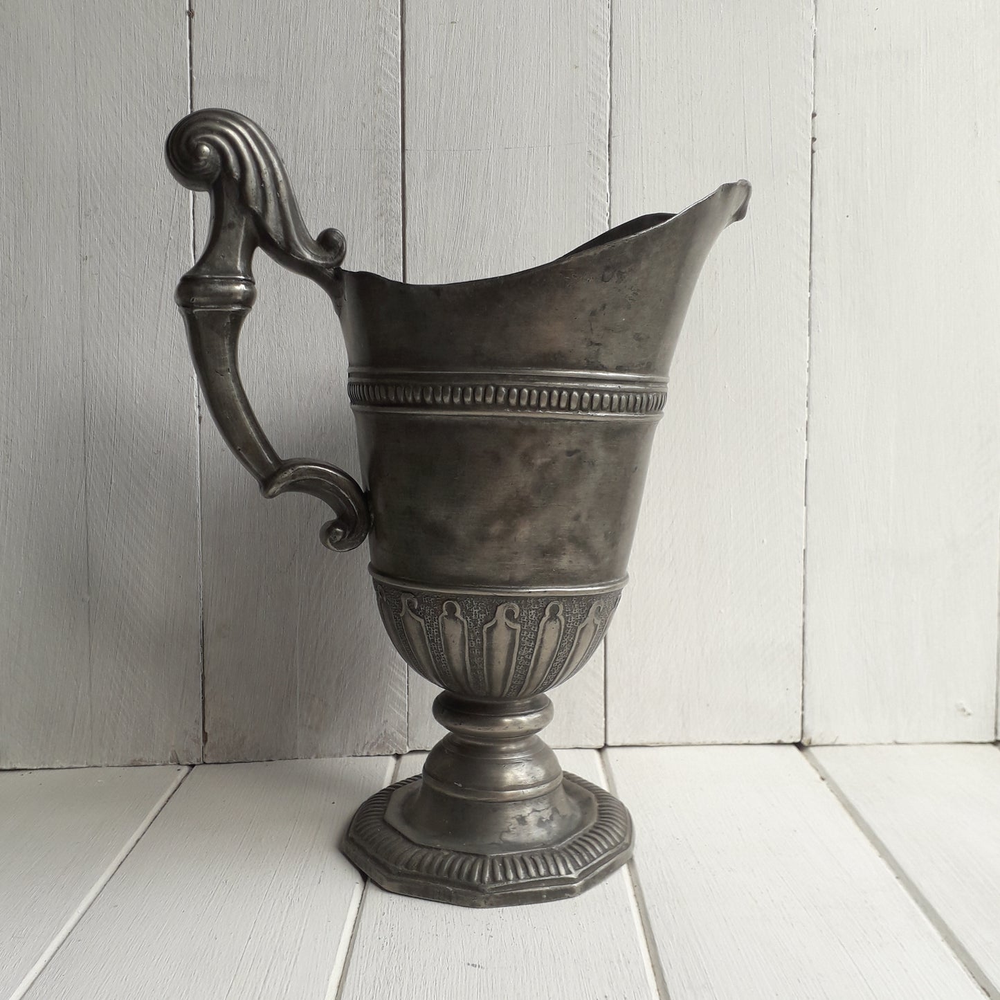 Large vintage or antique decorative pewter jug or pitcher from France