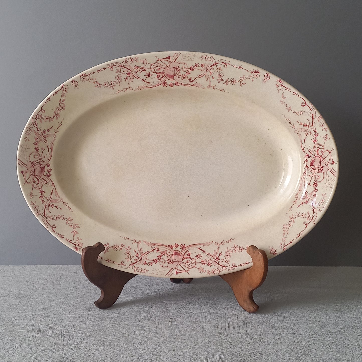 French antique creamy white ironstone oval platter with pink transferware pattern by KG Luneville