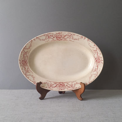 French antique creamy white ironstone oval platter with pink transferware pattern by KG Luneville