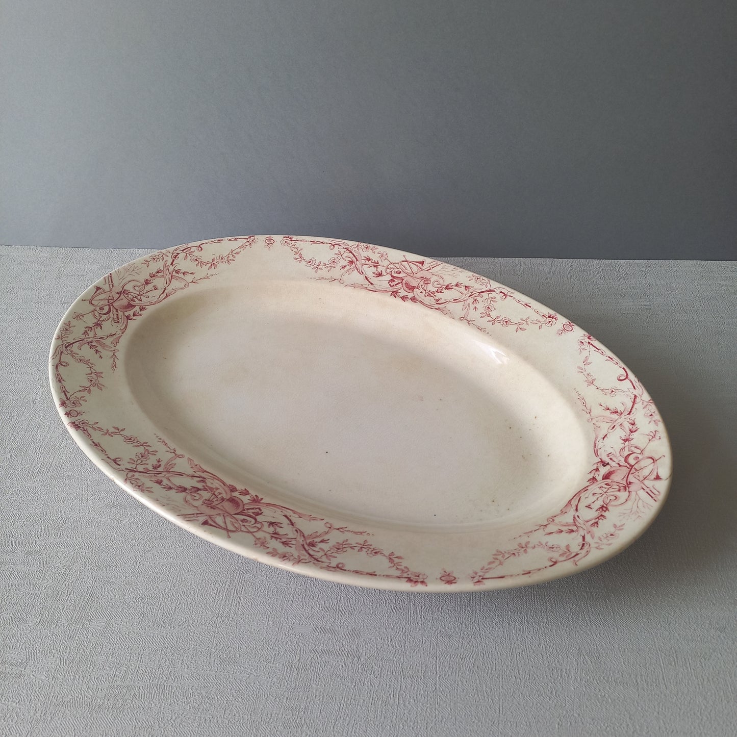 French antique creamy white ironstone oval platter with pink transferware pattern by KG Luneville