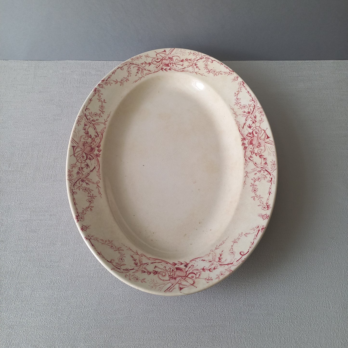 French antique creamy white ironstone oval platter with pink transferware pattern by KG Luneville