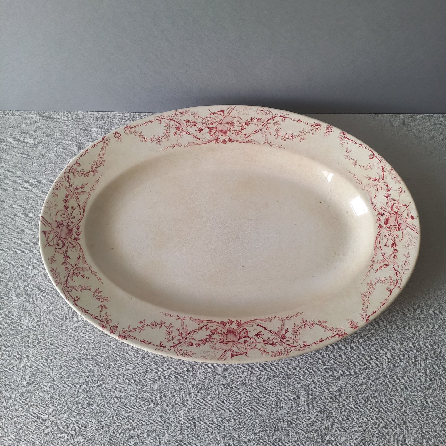 French antique creamy white ironstone oval platter with pink transferware pattern by KG Luneville