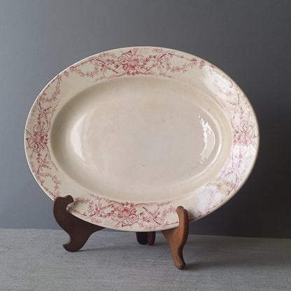 French antique creamy white ironstone oval platter with pink transferware pattern by KG Luneville