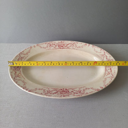 French antique creamy white ironstone oval platter with pink transferware pattern by KG Luneville