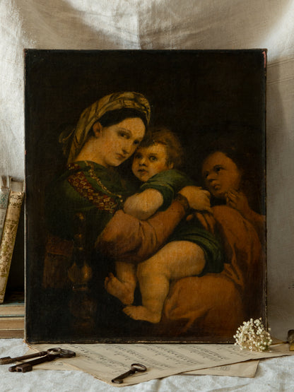 A late 19th-century/early 20th century after Raphael oil painting based on Madonna della Sedia (1513–1514, Pitti Palace, Florence). The artist (perhaps a student of the time) adapts Raphael’s tondo into a rectangular canvas, preserving the iconic green dress with patterned sleeve, the tender embrace, and the young St. John at right against a deep ground.