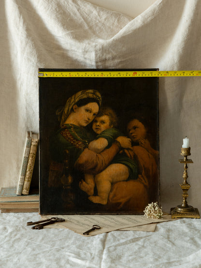 A late 19th-century/early 20th century after Raphael oil painting based on Madonna della Sedia (1513–1514, Pitti Palace, Florence). The artist (perhaps a student of the time) adapts Raphael’s tondo into a rectangular canvas, preserving the iconic green dress with patterned sleeve, the tender embrace, and the young St. John at right against a deep ground.