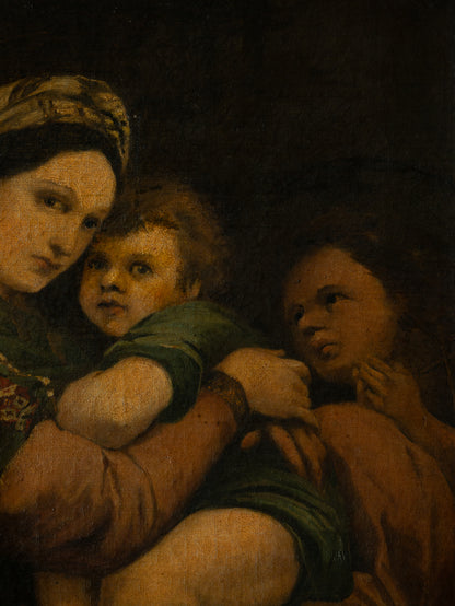 A late 19th-century/early 20th century after Raphael oil painting based on Madonna della Sedia (1513–1514, Pitti Palace, Florence). The artist (perhaps a student of the time) adapts Raphael’s tondo into a rectangular canvas, preserving the iconic green dress with patterned sleeve, the tender embrace, and the young St. John at right against a deep ground.