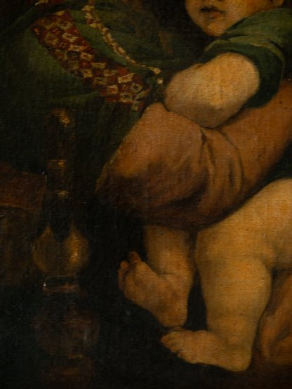 A late 19th-century/early 20th century after Raphael oil painting based on Madonna della Sedia (1513–1514, Pitti Palace, Florence). The artist (perhaps a student of the time) adapts Raphael’s tondo into a rectangular canvas, preserving the iconic green dress with patterned sleeve, the tender embrace, and the young St. John at right against a deep ground.