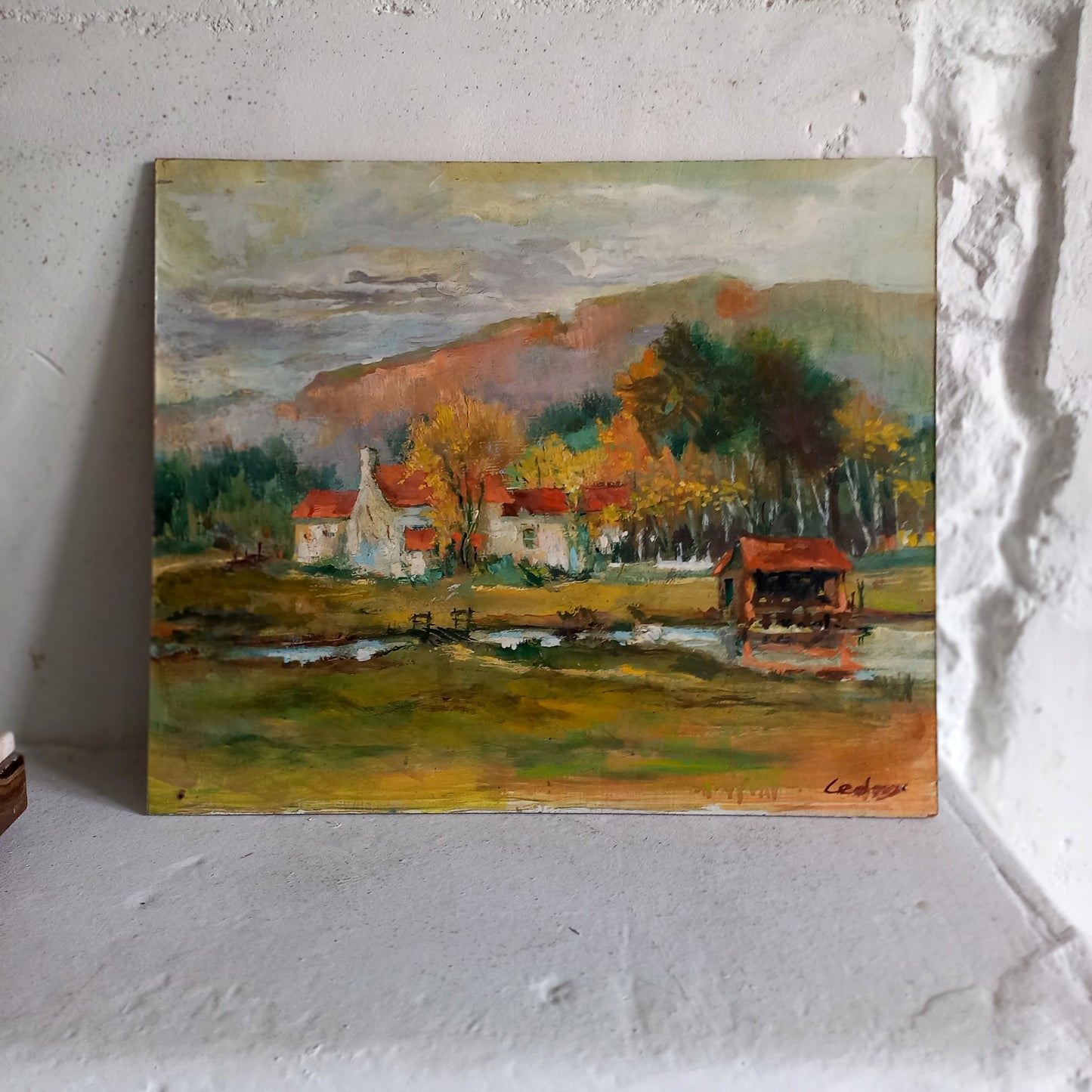 Vintage rural landscape oil painting on board from France, original art farm painting