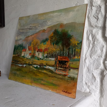 Vintage rural landscape oil painting on board from France, original art farm painting